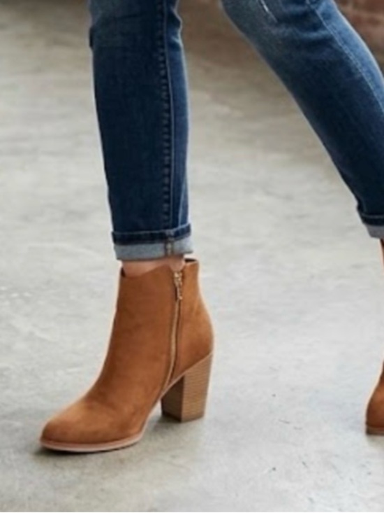 Shoes - Women's Cognac Suede Block Heel Ankle Booties